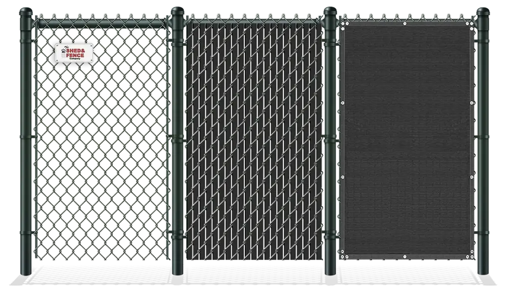 Left to right - Chain fence with privacy slats then chain link fence with wind screen